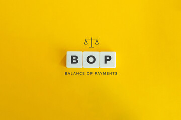 Balance of Payments (BOP) banner and icon. Block letters on bright orange background. Minimal...