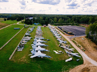 Aerial view of military aircrafts in the airfield