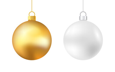 Christmas balls. Realistic Xmas decoration on white background. Gold and silver hanging balls. Glossy tree elements. Holiday decor set. Vector illustration