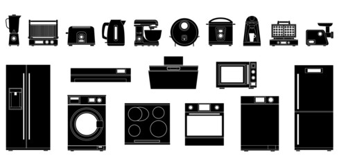 A set of black and white icons of kitchen and household appliances. Black silhouette on a white background. Electrical appliances for home and kitchen.