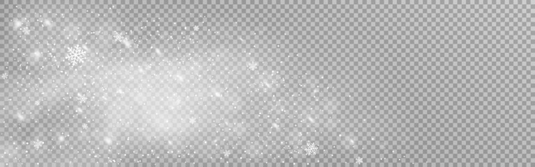 Snowfall texture with wind. Christmas background with snow flakes. Realistic heavy storm. Cold winter effect. Different snowy elements. Vector illustration