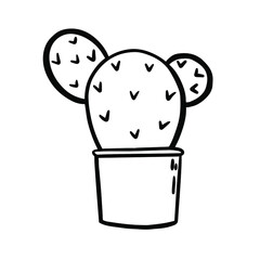Cartoon jungle succulent vector doodle cactus scribble illustration in black white engraved childish style isolated on white background. Opuntia flower blossom.