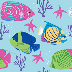 Seamless texture with exotic fish. Cartoon background of underwater animals