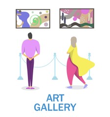 Art gallery, museum exhibition, vector illustration. People viewing modern abstract art painting on wall. Cultural event