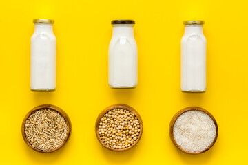 Set of non dairy substitute milk with almonds rice and oats