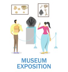 History museum exposition, vector illustration. Couple viewing extinct animal footprint, human bones, ancient pottery.