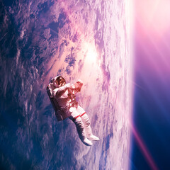 Spaceman in space with planet earth in the background. Vibrant pink and blue colors. Science,...