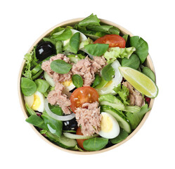 Bowl of delicious salad with canned tuna and vegetables on white background, top view