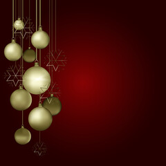 Christmas dark red background with hanging shining golden snowflakes and balls. Merry christmas greeting card. Holiday Xmas and New Year poster, web banner. Vector Illustration.