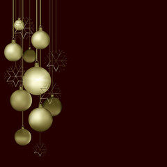 Christmas dark red background with hanging shining golden snowflakes and balls. Merry christmas greeting card. Holiday Xmas and New Year poster, web banner. Vector Illustration.