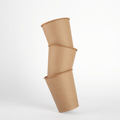 Disposable kraft paper cups on white background