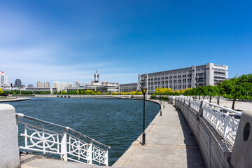 Fototapeta premium Bridge,City scenery and modern architecture skyline by the Haihe River in Tianjin, China