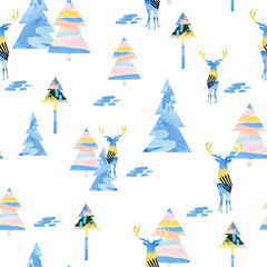 Child seamless modern pattern with hand drawn watercolor woodland forest tree, abstract deer animals. Stock illustration.