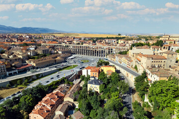 Fototapeta premium Aerial shoot Segovia cityscape and medieval Roman Aqueduct. Spain
