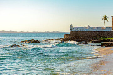 Old and historic colonial style fortress built in the 17th century on the seafront of Salvador, Bahia