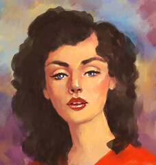 color bright hand-drawn art portrait of a beautiful woman or girl in retro style