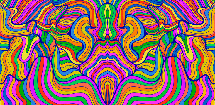 Vibrant doodle waves abstract psychedelic background. Decorative surreal wavy texture.