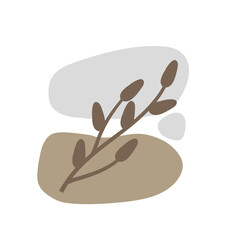 Plant on background of colored spots. Brown botanical branch and blue and gray geometric abstract pattern in a minimalist style. Doodle object