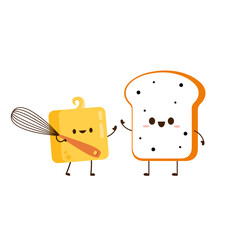 Bread and Butter character design. Cute Toast cartoon vector. Whisk vector.