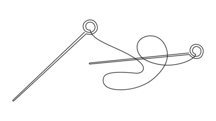 Hand knitting. Knitting needles and threads. Continuous line drawing. Vector illustration.