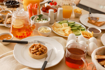 Dishes with different food on table. Luxury brunch