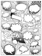 Comic book black and white page template divided by lines with speech bubbles. Illustration.
