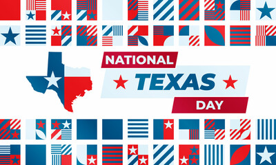 National Texas Day. February 1. National Texas Day recognizes the Lone Star State along with its fierce record of indepenence, people and history. Design for poster, card, banner, background. 