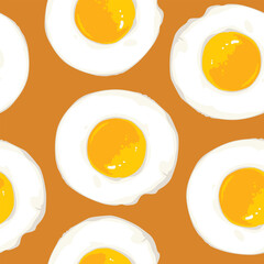 Morning breakfast seamless pattern with a lot of scrambled eggs on an orange backdrop. Vector background with fried eggs in cartoon style. Suitable for wallpaper, wrapping paper or fabric design