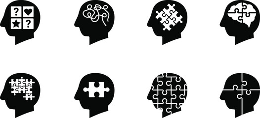 Brain, puzzle, memory, thinking, mental health, personality head puzzle jigsaw vector glyph set - obrazy, fototapety, plakaty