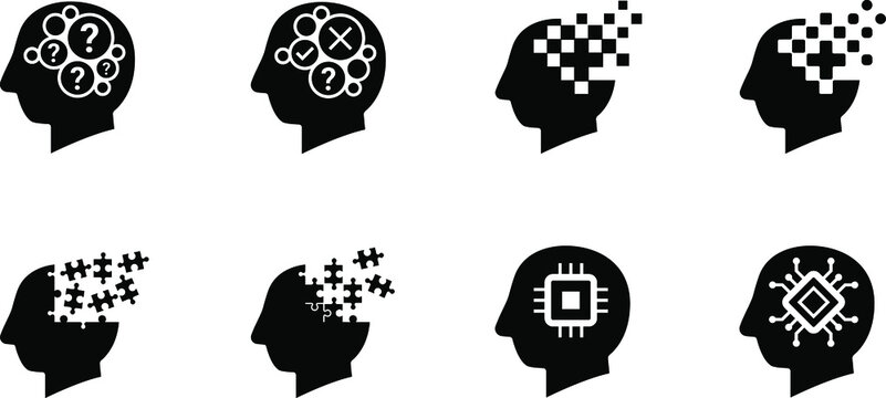 Alzheimer, dementia, amnesia, memory loss, brain and mental health vector glyph set