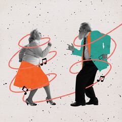 Contemporary art collage of dancing elder man and woman in retro styled clothes isolated over light background with drawings