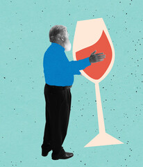 Modern design, contemporary art collage. Inspiration, idea, trendy urban magazine style. Elder man holding huge drawn wine glass