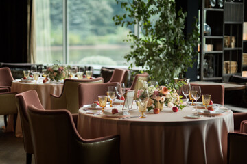 Table setting in restaurant. Stylish banquet table. Decorated plate with fork and spoon and flowers. Species restaurant. Luxurious atmosphere. Interiors.