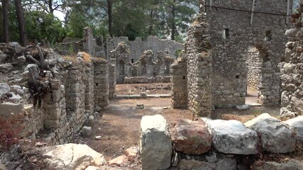 Olimpos, Antalya, Turkey - 29th of May 2021: 4K Remains of the Olimpos city in the Antalian forest

