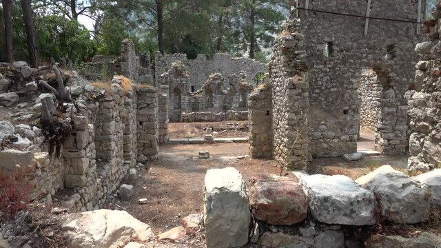 Olimpos, Antalya, Turkey - 29th of May 2021: 4K Remains of the Olimpos city in the Antalian forest
