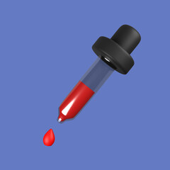3d cartoon eye dropper isolated on a purple background, dripping red liquid. 3d rendering illustration