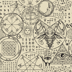 Abstract seamless pattern with hand-drawn goat head, all-seeing eye, sun, moon, vitruvian man, occult and esoteric symbols on an old paper backdrop. Monochrome vector background in retro style