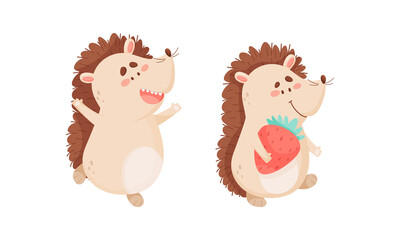 Cute funny hedgehog character activities set. Adorable baby animal having fun and holding strawberry cartoon vector illustration