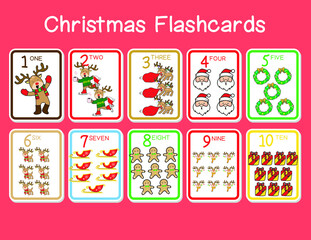 Cute number Christmas Flashcards set. English counting 1 to ten. Christmas Flashcards edition. Educational printable math flashcards. Vector illustration. 
