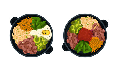 Top view of tasty dishes served on frying pans set vector illustration on white background