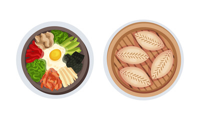 Set of tasty dishes served on plates, view from above vector illustration