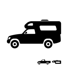 Pickup truck motorhome icon. Camper, caravan. Black silhouette. Side view. Vector simple flat graphic illustration. The isolated object on a white background. Isolate.