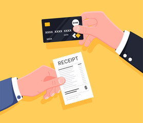 Hand holding receipt and credit card. Manual receipt holder and credit card holder hands. Cashless payments concept.