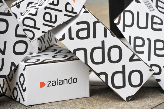 Frankfurt, Hesse / Germany - October 01, 2014:  Packages with the Logo of German electronic commerce company ZALANDO, which sells shoes, clothes and other fashion items