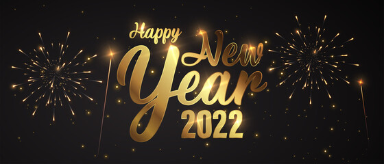 Happy New Year of glitter gold fireworks. Vector golden glittering text and 2022 numbers with sparkle shine for holiday greeting card - obrazy, fototapety, plakaty