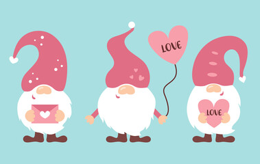 Cute Valentine's gnomes hold different things in their hands: love letter, ballon and heart. Valentine gnomes set. Dwarf decor. Vector illustration isolated on blue background.