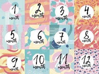 Vector baby milestone cards for girl or boy. 12-month template for newborns, minimalism vector illustration,stickers for boy and girl of 0-12 months. Cute illustration of a baby shower.