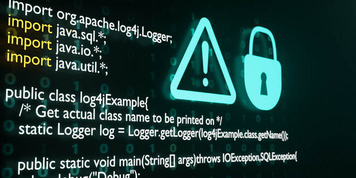 Java code of log4j with security lock, warning sign and digital numbers. Cyberspace and vulnerability. 3D rendering.
