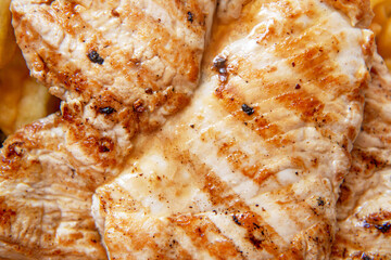 Grilled chicken with golden brown crust and french fries. Chicken kebab. Chicken meat on grill. Outdoor barbecue. Close up