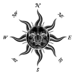 Compass Sun Face Etching Rose Woodcut Drawing © Christos Georghiou